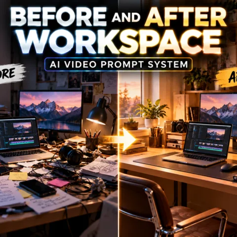 Before and after workspace showing a cluttered creator desk transforming into a clean organized editing station