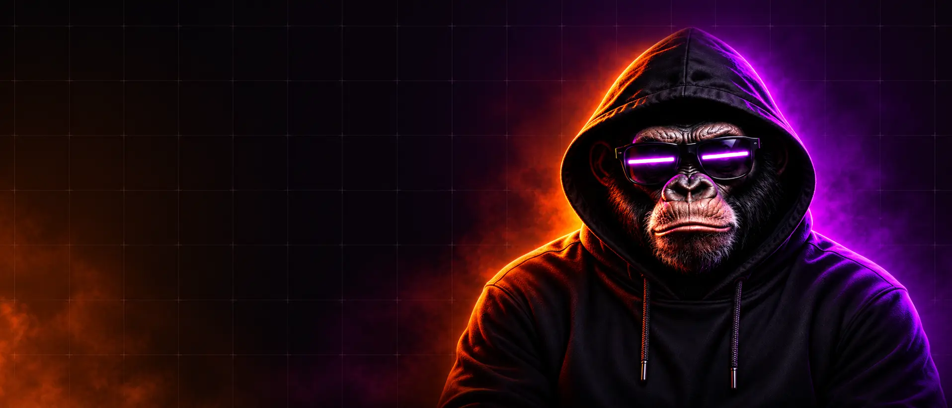 The Odd Child hooded gorilla mascot wearing neon purple glasses