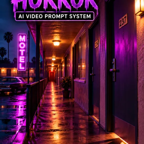 Motel hallway horror scene in an empty 1980s roadside motel corridor with purple neon lighting and eerie cinematic shadows