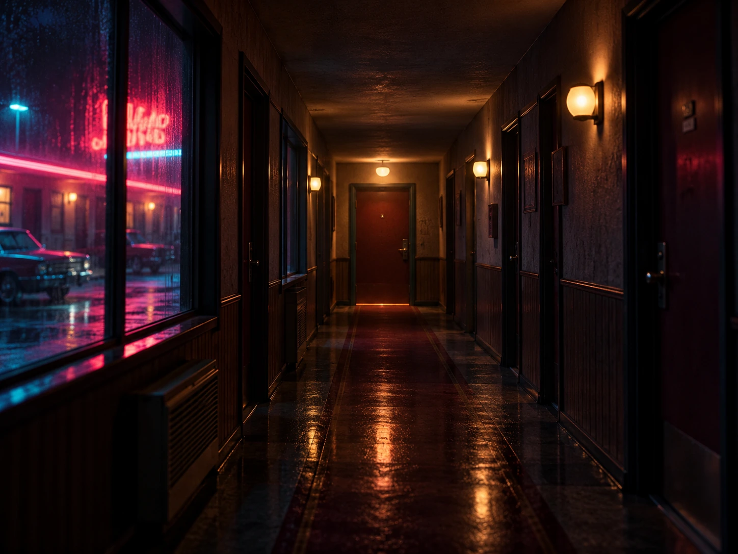 Motel Hallway Horror AI-generated concept preview
